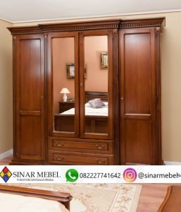 Lemari Pakaian Minimalis Jati 4 Pintu Kaca